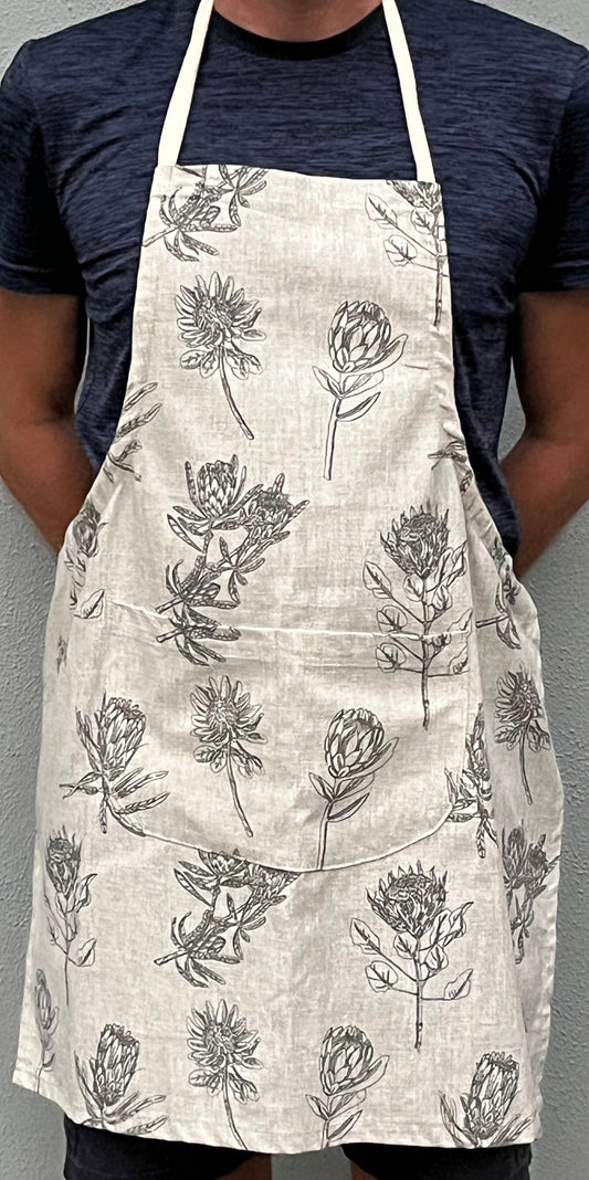 100% Cotton Apron, Beige with Protea motif
