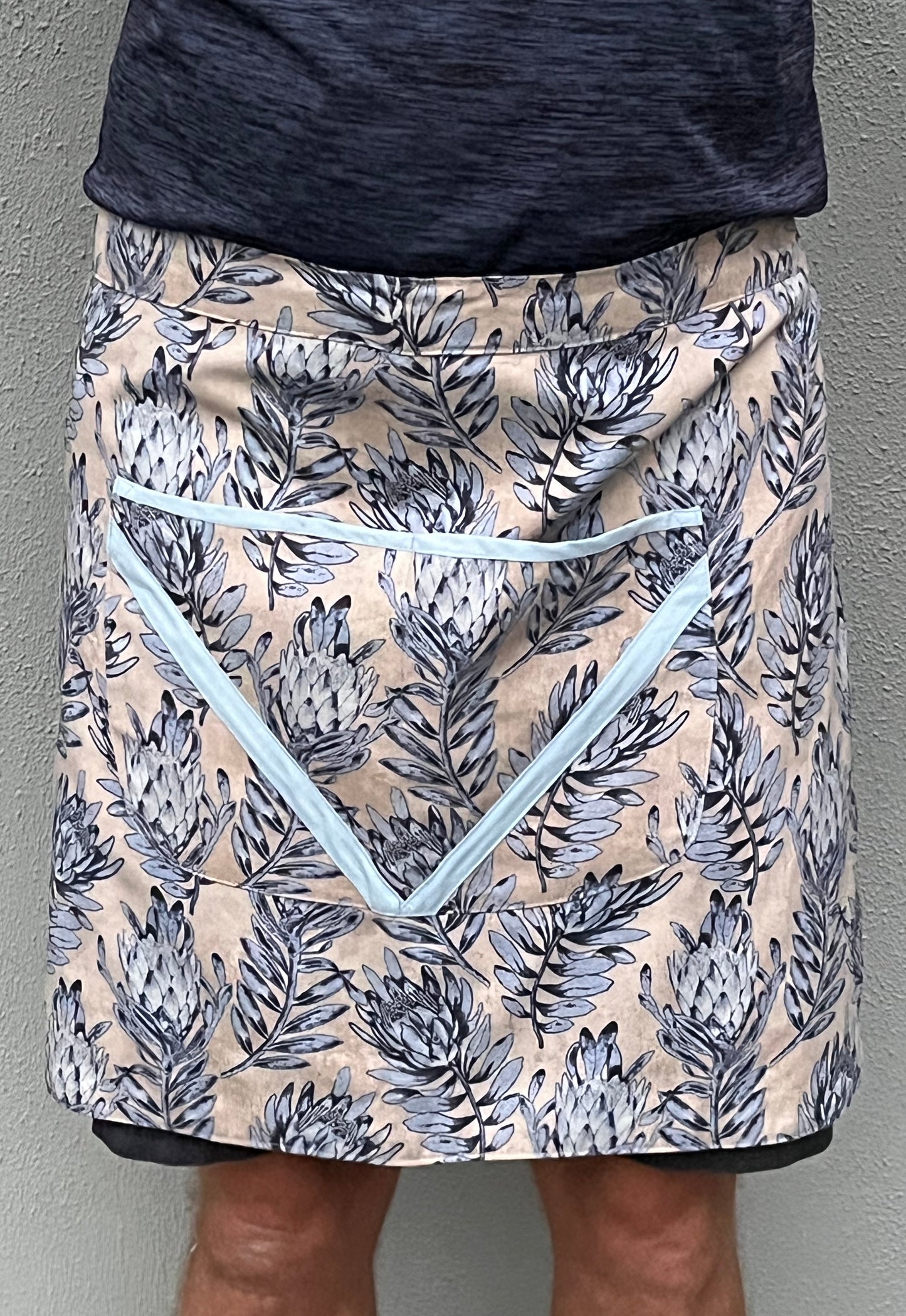 100% Cotton Apron, Beige with Light Blue Protea motif, fully lined