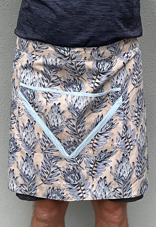 100% Cotton Apron, Beige with Light Blue Protea motif, fully lined